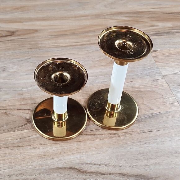 Set of 2 Brass & Ivory Candle Stick Holders - Picture 1 of 4